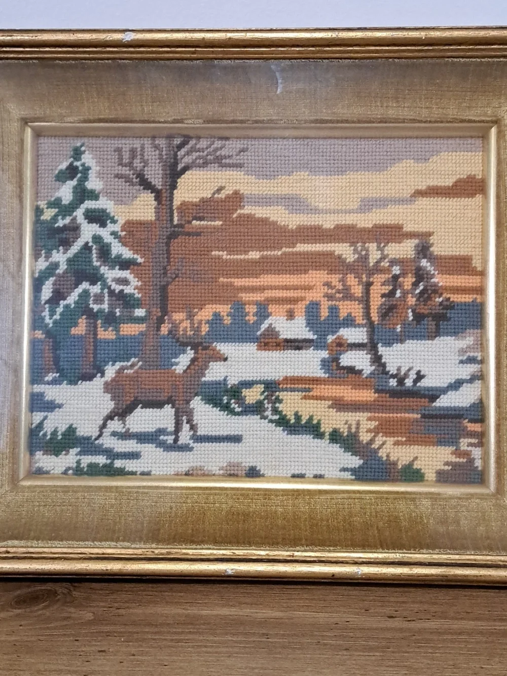 Vintage Needlepoint Framed Artwork Deer Cabins Nature Scene Woodland Classic - Picture 2 of 16